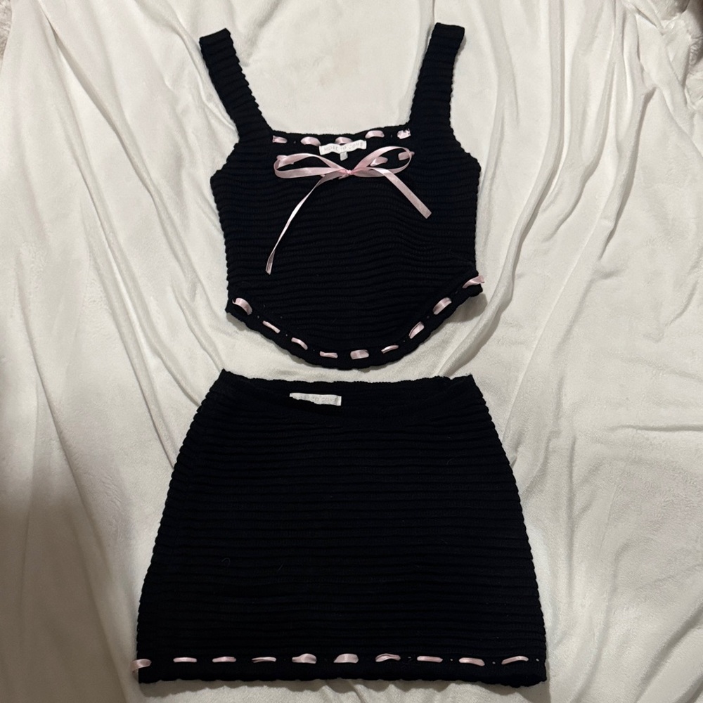 Black Mini Skirt with Pink Trim - Women's Two-Piece Set